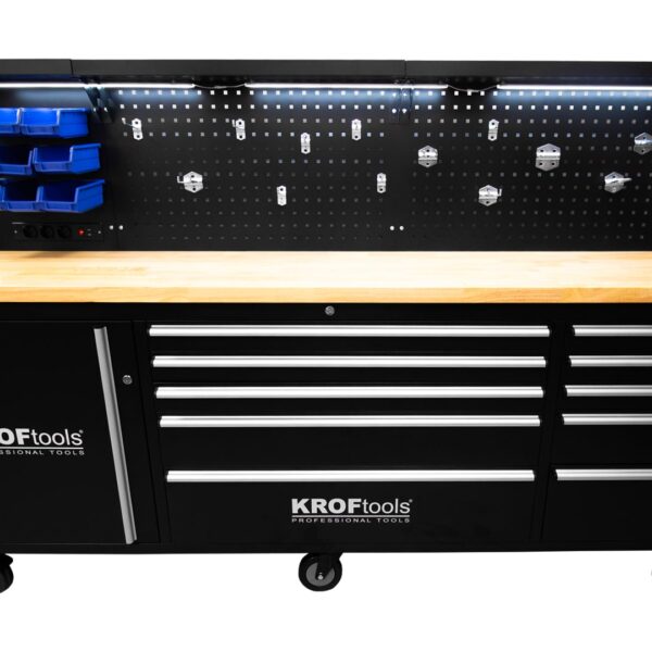 KROFtools Profi 215cm Werkbank mit Schubladen, LED und Rückwand, fahrbarer Werkstattwagen - 8631