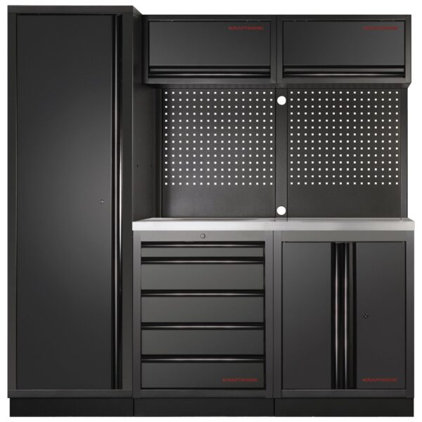 KRAFTWERK MOBILIO 3-Element-Schrankwand – mit INOX-Arbeitsplatte & Lochwand | Schwarz - KW-3964A-BLK-IX
