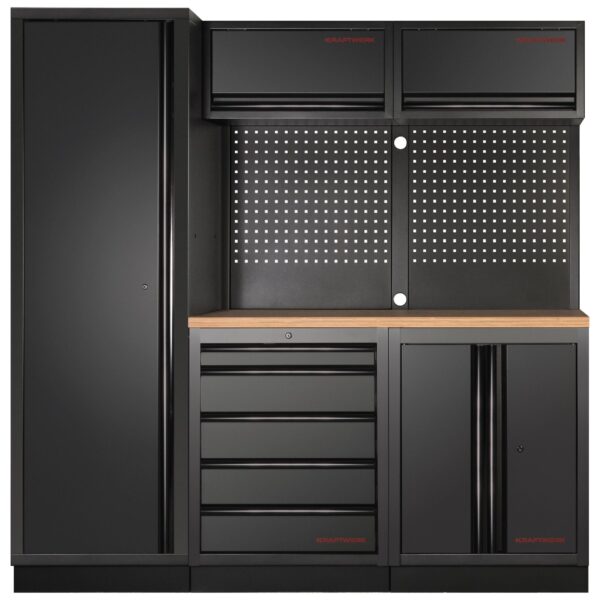 KRAFTWERK MOBILIO 3-Element-Schrankwand mit Vierkantlochwand & Multiplex-Arbeitsplatte - KW-3964A-BLK