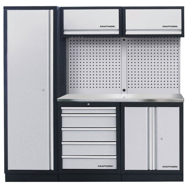 KRAFTWERK MOBILIO Schrankwand – 3-teilig mit INOX-Arbeitsplatte & Lochwand - KW-3964AIX