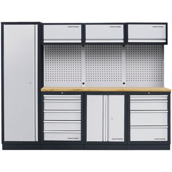 KRAFTWERK MOBILIO-EX DEEP Tiefe: ca. 721 mm (690 mm Arbeitsplatte) – Werkstattschrank-Kombination – 4er Set mit Buche-Arbeitsplatte & Vierkantlochwand - KW-3964B-EX