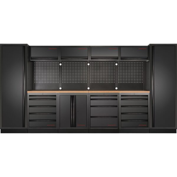 KRAFTWERK Werkstattmöbel – Mobilio 6er Kombi mit Buche-Multiplex-Arbeitsplatten, 4 Oberschränken & Lochwand - KW-3964C-BLK