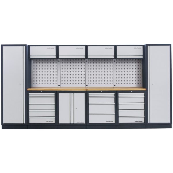 KRAFTWERK MOBILIO-EX 6er Kombi DEEP Tiefe: ca. 721 mm (690 mm Arbeitsplatte) – Modular, mit Lochwand & Buche-Multiplex-Arbeitsplatte - KW-3964C-EX