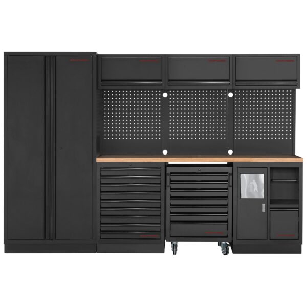 KRAFTWERK MOBILIO-EX – DEEP Tiefe: ca. 721 mm (690 mm Arbeitsplatte) – 4er Werkstatt-Kombi mit Lochwand & Buche Multiplex modular erweiterbar - KW-3964D-BLK-EX