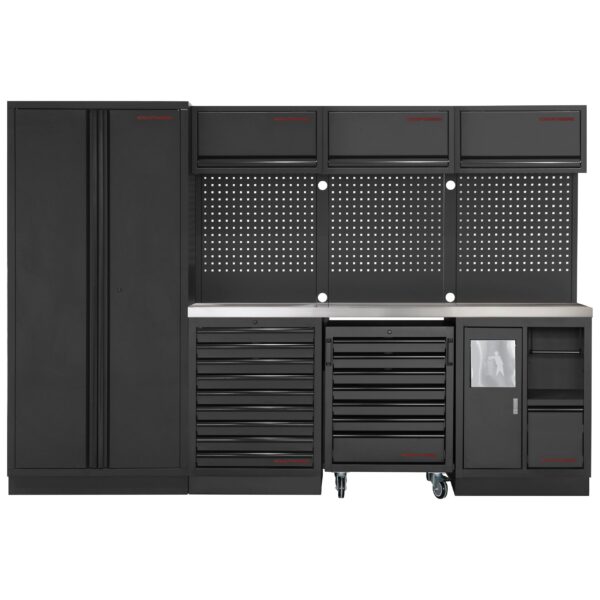 KRAFTWERK MOBILIO Werkstattschrank 4-Element-Kombi – mit Inox-Arbeitsplatte, Lochwand & Rollschrank - KW-3964D-BLK-IX