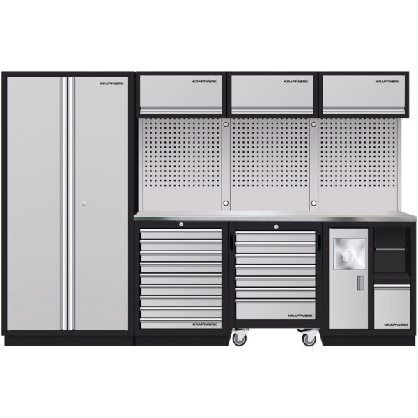 KRAFTWERK 3964DIX MOBILIO 4-Element-Werkstatt-Schranksystem – Inox-Arbeitsplatte, Lochwand & Rollschrank, 2955 mm - KW-3964DIX