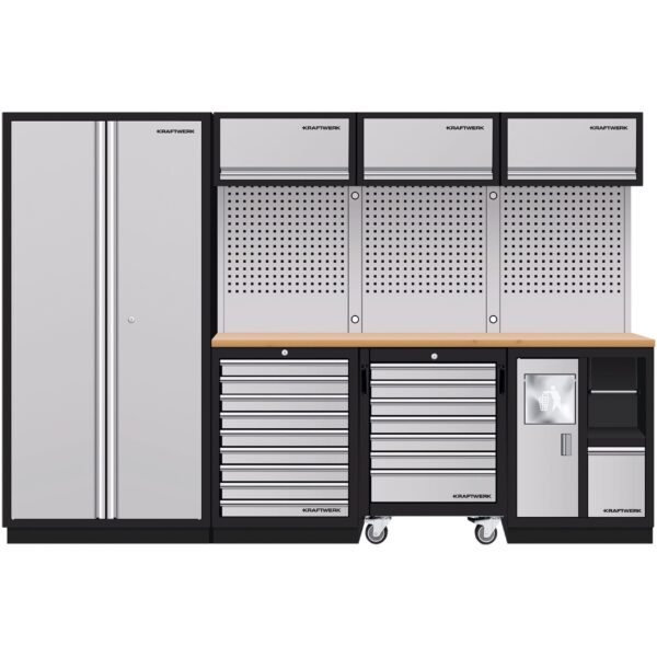 KRAFTWERK MOBILIO Werkstattschrank 4-Element-Kombination – Multiplex-Arbeitsplatten & Rollschrank, 2955 mm - KW-3964D