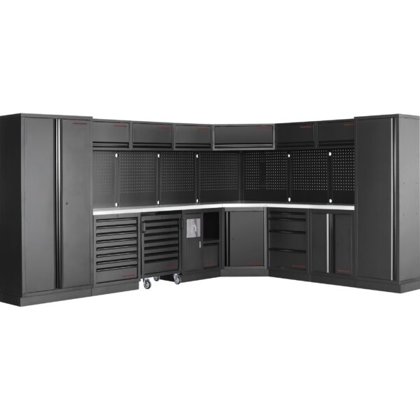 KRAFTWERK 3964E-BLK-IX MOBILIO Ecklösung – 8-Element-Werkstattwand mit Inox-Arbeitsplatte & Rolladenschränken - KW-3964E-BLK-IX