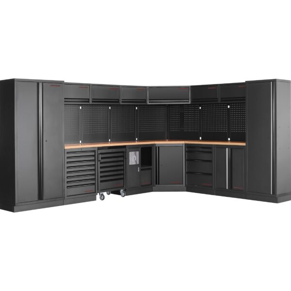 KRAFTWERK MOBILIO 8-Element-Werkstatt-Schranksystem – Ecklösung mit Multiplex-Arbeitsplatten und Lochwänden (Länge 3819 / 2824 mm) - KW-3964E-BLK