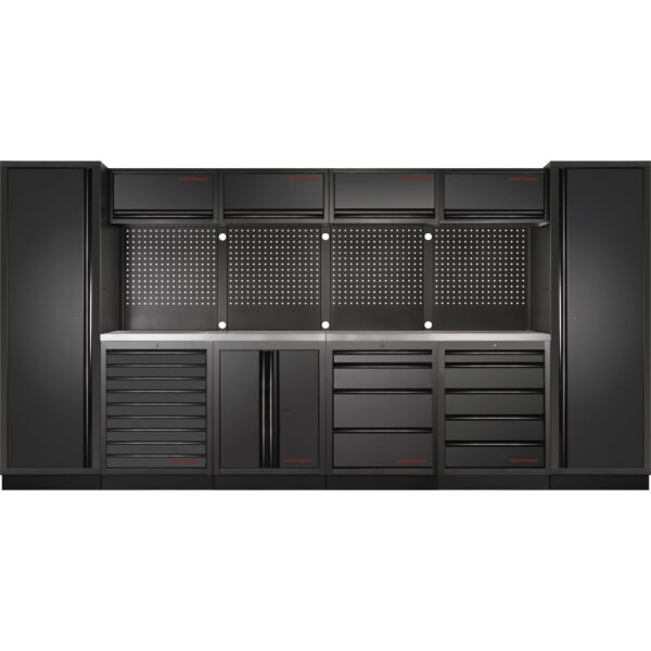 KRAFTWERK 6-Element-Schrankwand mit Vierkantlochwand, INOX-Arbeitsplatte – Länge 3920 mm - KW-3964F-BLK-IX