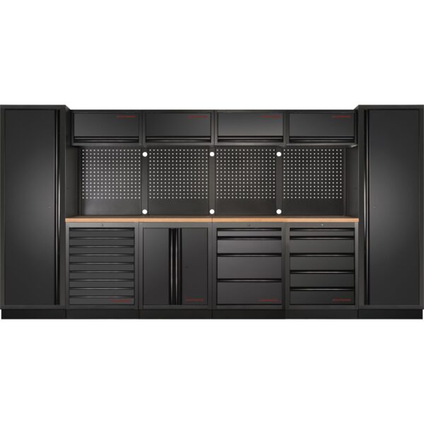 KRAFTWERK Werkstatt-Schrankwand – 6-Element-System mit Vierkantlochwand, Multiplex-Arbeitsplatten & Gasdruck-Oberschränken - KW-3964F-BLK