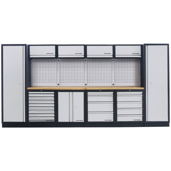 KRAFTWERK MOBILIO-EX 6er Werkbank-Kombi DEEP – Modular, mit Lochwand & Buche-Multiplex-Arbeitsplatte - Tiefe: ca. 721 mm (690 mm Arbeitsplatte) - KW-3964F-EX