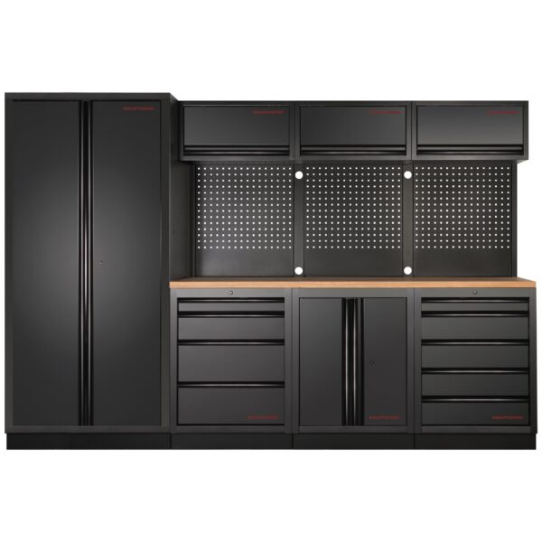 KRAFTWERK Werkstattmöbel DEEP Tiefe: ca. 721 mm (690 mm Arbeitsplatte) – MOBILIO-EX 4er Komplett-Kombi mit Buche-Arbeitsplatte & Werkzeug-Lochwand flexibel modular - KW-3964G-BLK-EX