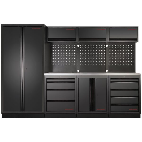KRAFTWERK 3964GIX MOBILIO 4-Element-Werkstatt-Schranksystem mit Inox-Arbeitsplatte – 38 mm Edelstahl 304, modular & freistehend - KW-3964G-BLK-IX