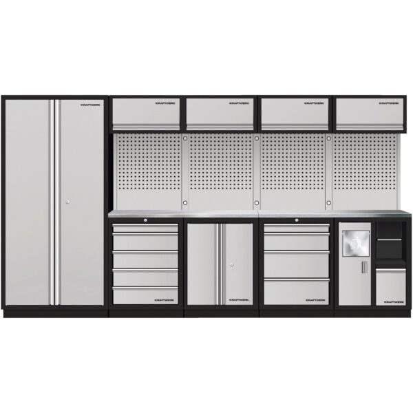 KRAFTWERK MOBILIO 5-Element-Werkstattschrank mit Vierkantlochwand & Inox-Arbeitsplatte – 3635 mm Breite - KW-3964HIX