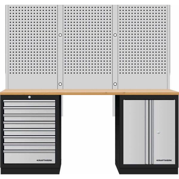 KRAFTWERK Mobilio 3er Kombi mit Lochwand | 8 Schubladen + Schrank Buche Multiplex - KW-3964K-80S-W