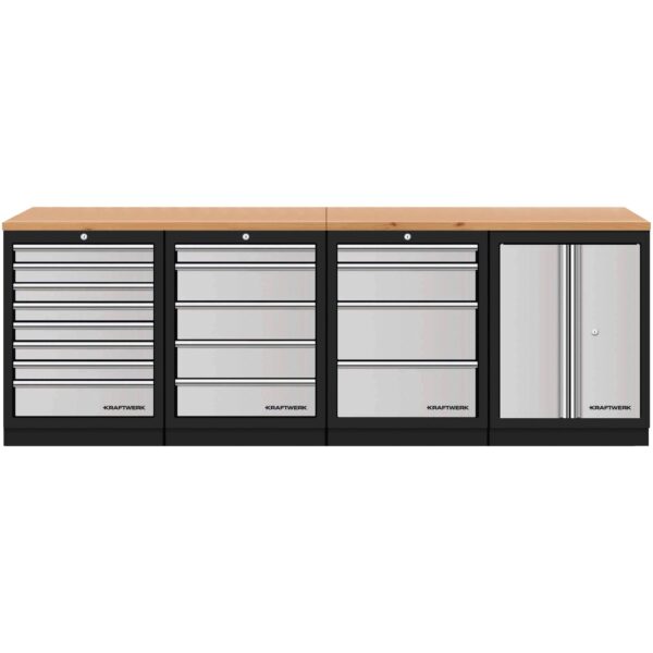 KRAFTWERK MOBILIO-EX Werkstattschrank DEEP Tiefe: ca. 721 mm (690 mm Arbeitsplatte) – 4er Kombi mit Bucheplatte & Zentralverriegelung - KW-3964K-854S-EX