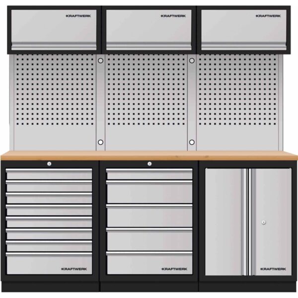 KRAFTWERK MOBILIO 3er Kombi Oberschrank – Werkstatt-Schrankwand mit 35 mm Buche-Arbeitsplatte, 3 Hängeschränken & Lochwänden | Modular freistehend - KW-3964K-85S-K3