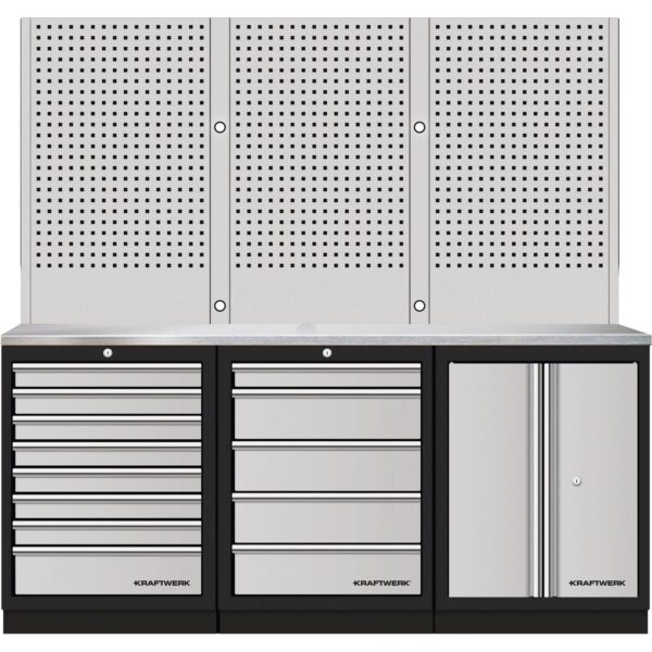 KRAFTWERK 3964K-85S-WIX Mobilio 3er Kombi Standard – Edelstahl-Arbeitsplatte, Lochwand & Schubladenschränke, 2040 mm - KW-3964K-85S-WIX