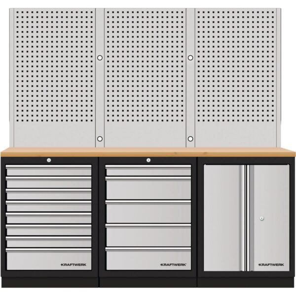 KRAFTWERK MOBILIO 3er Kombi Werkstattschrank – 3 Lochwände & Multiplex-Arbeitsplatte - KW-3964K-85S-W