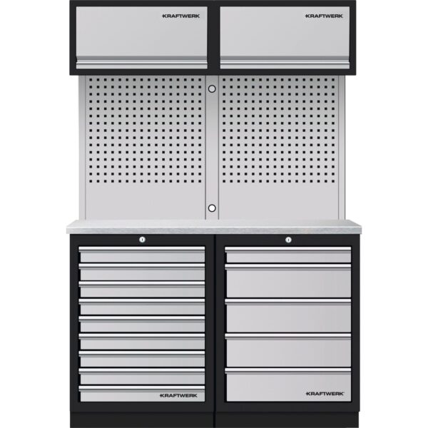 KRAFTWERK Mobilio Werkbank 2er Kombi – 14 Schubladen, 2 Überschränke, Lochwand & Edelstahlplatte 1360 mm freistehend - KW-3964K-95K2IX