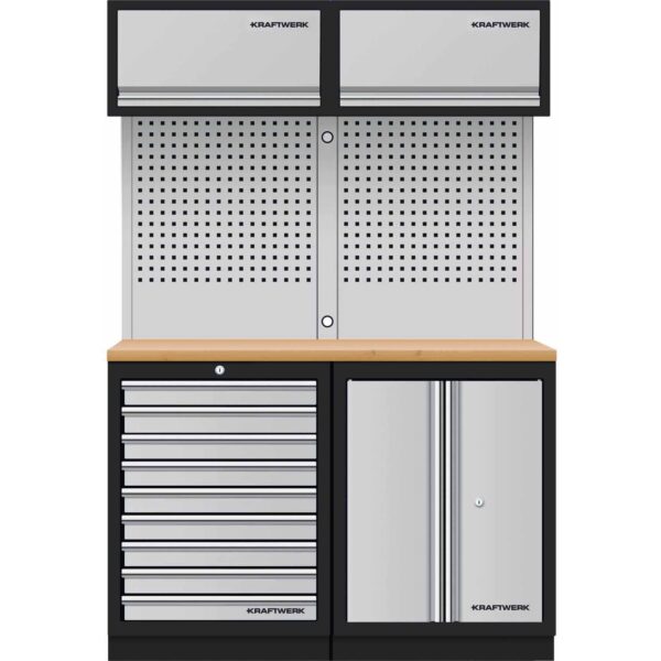 KRAFTWERK Mobilio 2er Kombi mit Oberschrank – Buche Multiplex 9 Schubladen, Türschrank & Lochwand 1360 mm Schwarz - KW-3964K-9S-K2