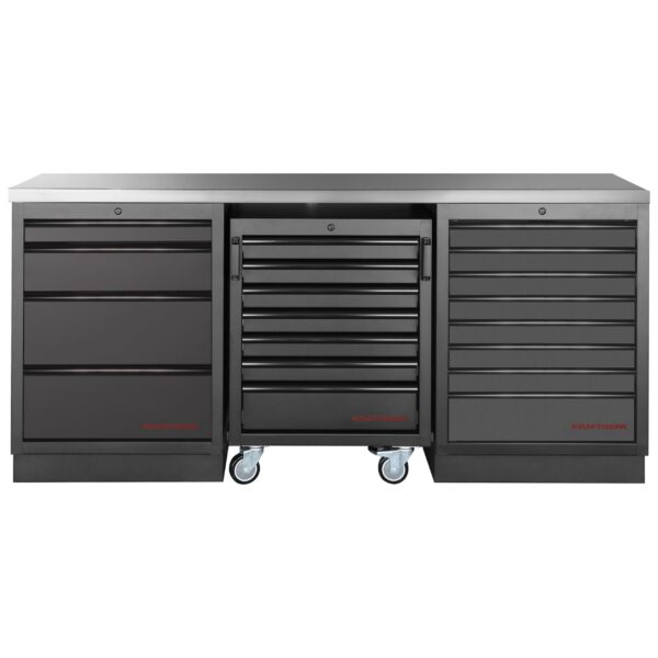 KRAFTWERK MOBILIO 3er Kombi mit Werkstattwagen – Edelstahl-Arbeitsplatte, 3 Module - KW-3964K-BLK-002-IX