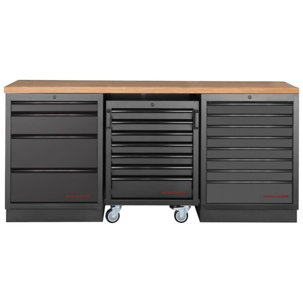 KRAFTWERK Mobilio 3er Kombi Standard – Multiplex-Arbeitsplatte, Werkstattwagen & Schubladenschränke - KW-3964K-BLK-002