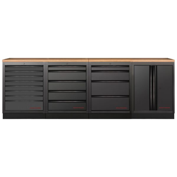KRAFTWERK MOBILIO-EX 4er Standard-Kombi DEEP Tiefe: ca. 721 mm (690 mm Arbeitsplatte) – Modular, freistehend, Buche-Multiplex-Arbeitsplatte - KW-3964K-BLK-004-EX