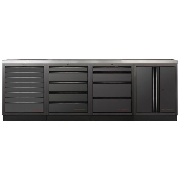 KRAFTWERK Mobilio 4er Kombi Werkstattwagen – Edelstahl, Schwarz, 4 Module, 19 Schubladen - KW-3964K-BLK-004-IX