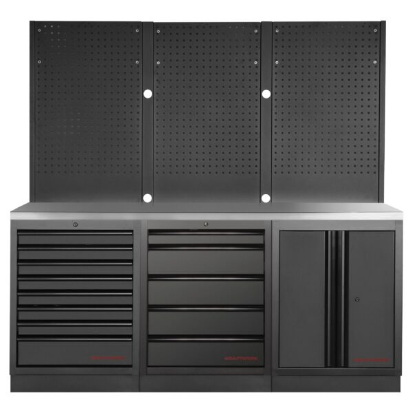 KRAFTWERK Mobilio BLACK EDITION Werkbank – 3er Kombi mit 13 Schubladen, 1 Schrank, Lochwand & Edelstahl-Arbeitsplatte 2 m breit - KW-3964K-BLK-006-IX