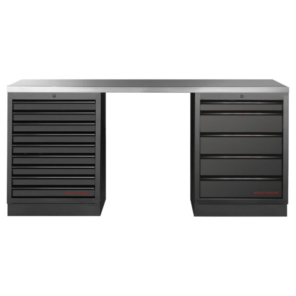 KRAFTWERK Mobilio Werkstatteinrichtung, Werkbank Black Edition 2er Unterschrank-Kombi, 14 Schubladen, Arbeitsplatte Edelstahl - 3964K-BLK-007-IX - KW-3964K-BLK-007-IX