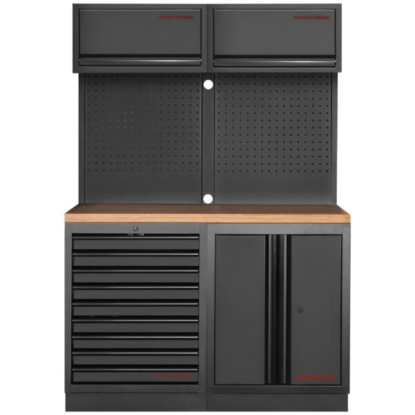 KRAFTWERK Mobilio Werkstatteinrichtung, Werkbank Black Edition 2er Kombi, 9 Schubladen, 3 Schränke, Vierkant-Lochwand, Arbeitsplatte Buche Multiplex - 3964K-BLK-010 - KW-3964K-BLK-010