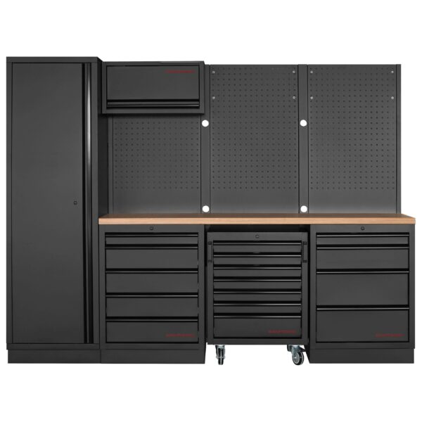 KRAFTWERK MOBILIO 4er Werkstattschrank-Kombi – Hochschrank, Buche-Multiplex, Lochwand, Schubladen & Oberschrank - KW-3964K-BLK-016