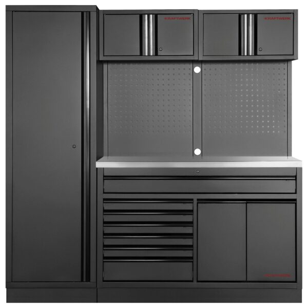 KRAFTWERK MOBILIO BLACK 2er-Kombi breit – Werkstattmöbelsystem mit 7 Schubladen, Edelstahlplatte & Lochwand | Vormontiert freistehend 1960 mm - KW-3964K-BLK-021-IX