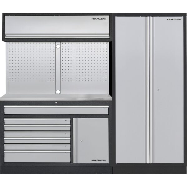 KRAFTWERK MOBILIO 2er Kombi breit – Werkstattlösung mit Edelstahl-Arbeitsplatte, Hochschrank & Lochwand | Modular freistehend 2275 mm 9-teilig - KW-3964K-H2W1-K1IX