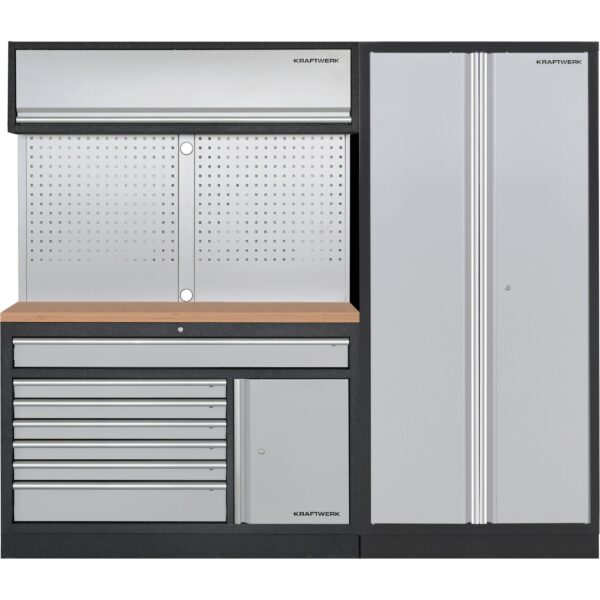 KRAFTWERK MOBILIO 2er Kombi – Lochwand, Hochschrank, 7 Schubladen & Buche-Arbeitsplatte - KW-3964K-H2W1-K1