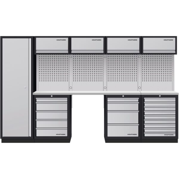 KRAFTWERK MOBILIO Werkstattschrank – 5er Kombi mit Edelstahl-Arbeitsplatten & Hochschrank - KW-3964K-H5049-K4IX
