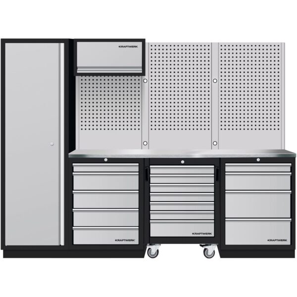 KRAFTWERK MOBILIO – 4er Schrankwand-Kombi mit Hochschrank, Edelstahl-Arbeitsplatte & Rollwagen - KW-3964K-H5R4-K1WIX