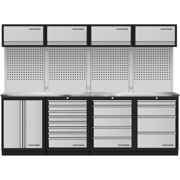 KRAFTWERK 3964K-S854-K4IX Mobilio 4er Kombi Standard – Edelstahl-Arbeitsplatten, 4 Oberschränke & Lochwand, 2720 mm - KW-3964K-S854-K4IX
