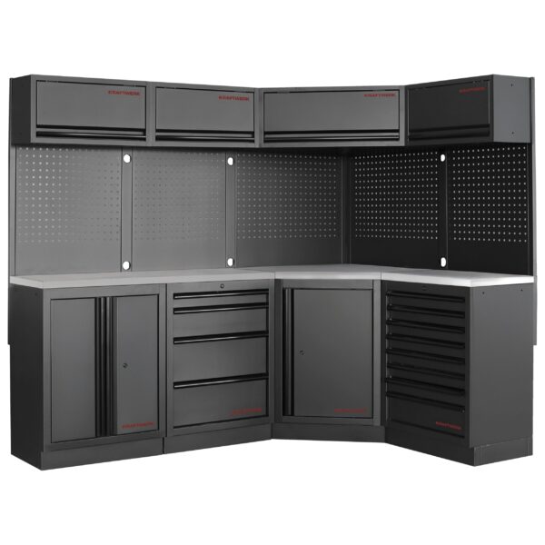 KRAFTWERK 3964NIX MOBILIO 4-Element-Werkstatt-Schranksystem – Edelstahl-Arbeitsplatten, mit Eckschrank & Oberschränken - KW-3964N-BLK-IX