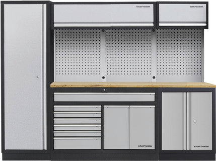 KRAFTWERK MOBILIO 3er Kombi breit – Werkstattsystem mit Lochwand & Buche-Arbeitsplatte, 2640 mm - KW-3964S-002