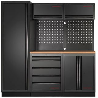 KRAFTWERK MOBILIO-EX – 3er Werkstatt-Kombi mit Buche-Arbeitsplatte & Lochwand - DEEP Tiefe: ca. 721 mm (690 mm Arbeitsplatte) – KW-3964A-BLK-EX