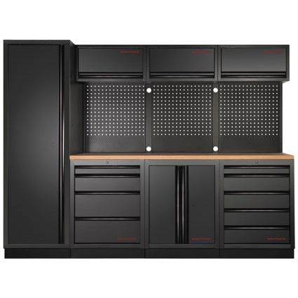 KRAFTWERK Werkstattmöbel DEEP Tiefe: ca. 721 mm (690 mm Arbeitsplatte) – MOBILIO-EX 4er Komplett-Kombi mit Buche-Multiplex & Werkzeug-Lochwänden Modular freistehend - KW-3964B-BLK-EX