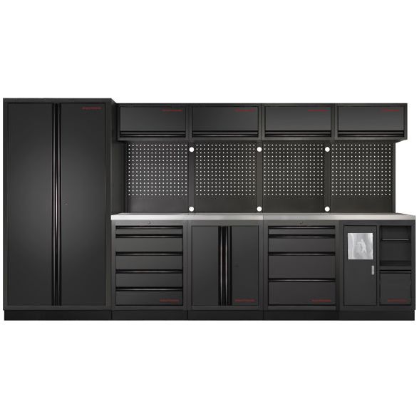KRAFTWERK Werkstatt-Schrankwand 5-teilig – Edelstahl-Arbeitsplatte, 5/4 Schubladen + Hochschrank MOBILIO Inox Edition - KW-3964H-BLK-IX