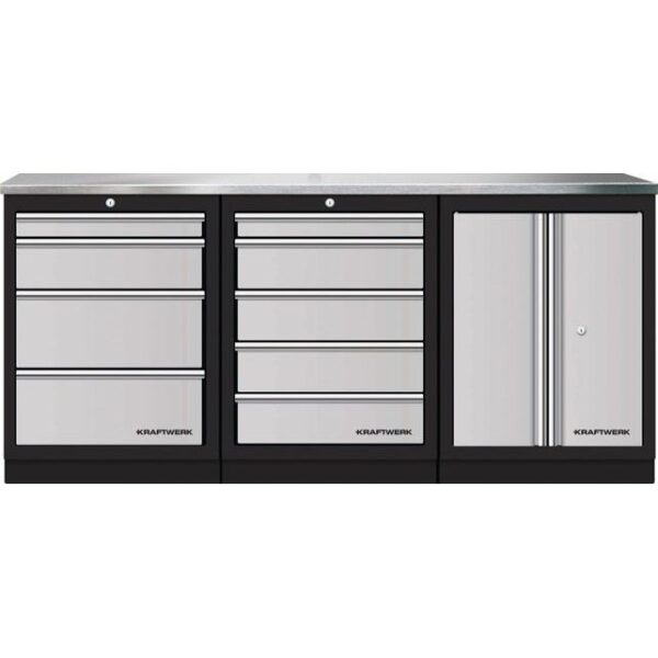 KRAFTWERK Mobilio 3er Kombi Standard – Edelstahl-Arbeitsplatte 5 + 4 Schubladen & Türschrank 2040 mm Schwarz - KW-3964K-45S0IX