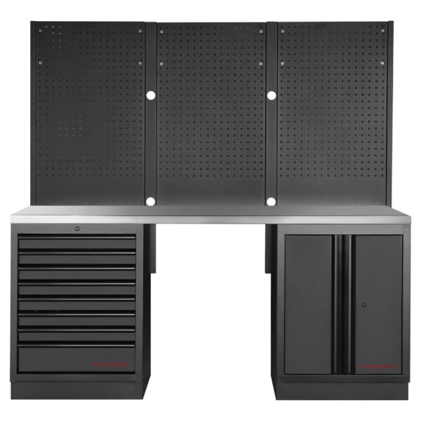 KRAFTWERK Mobilio 3er Kombi mit Lochwand – Edelstahl-Arbeitsplatte 8 Schubladen & 2-Türenschrank 2040 mm Schwarz - KW-3964K-BLK-003-IX