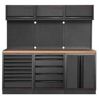 KRAFTWERK MOBILIO 3er Kombi Werkstattschrank – Multiplexplatte, 3 Oberschränke & Lochwand - KW-3964K-BLK-005
