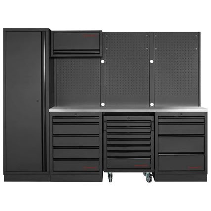 KRAFTWERK 3964K-H5R4-K1WIX Mobilio 4er Kombi Standard – Edelstahl-Arbeitsplatten, Hochschrank, Lochwand & Rollschrank, 2640 mm - KW-3964K-BLK-016-IX