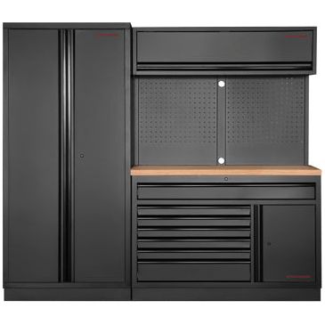 KRAFTWERK MOBILIO BLACK EDITION 2er Kombi breit – Buche-Multiplex-Arbeitsplatte, 7 Schubladen, Lochwand, 2275 mm - KW-3964K-BLK-022